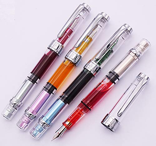 Lanxivi 4 x Yongsheng 3008 Fountain Pen Upgrated Fine Nib,Silver Trim,Piston Filling, Transparent - color: 3008 A Silver Trim F