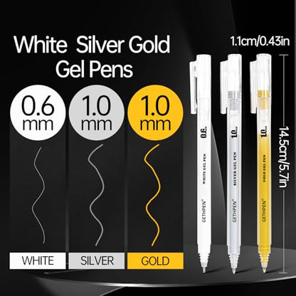 GETHPEN Gold Silver White Gel Pen, 0.6/1.0mm Fine Point Gel Ink Pens - size: 1 Count (Pack of 6), style: 6 Pack White, Gold and Silver