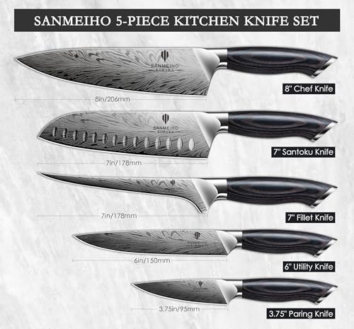 5PCS Knife Set, Kitchen Knife Sets in Powder Steel | Ultra Sharp Japanese Knives Set High Carbon Steel Chef Knives Sets, Cooking Knives Set with Ergonomic Pakkawood Handle - size: 5PCS Knife Set