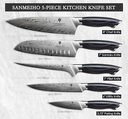 5PCS Knife Set, Kitchen Knife Sets in Powder Steel | Ultra Sharp Japanese Knives Set High Carbon Steel Chef Knives Sets, Cooking Knives Set with Ergonomic Pakkawood Handle - size: 5PCS Knife Set