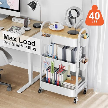 3 Tier Rolling Cart Metal with Wheels and Bamboo Table Top, Art Cart Organizer on Wheels, White Three Tiered Storage Utility Carts for Craft, Baby, Diaper Caddy,Coffee,Kitchen,Cleaning,Office Supplies - color: White