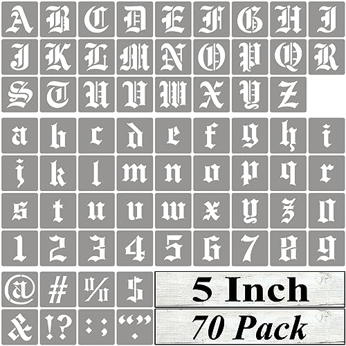 5 Inch Alphabet Letter Stencils for Painting - 70 Pack Old English Letter Stencil Templates with Numbers and Signs for Painting on Wood, Reusable Letters Stencils for Chalkboard Wood Signs & Wall Art - size: 5 Inch