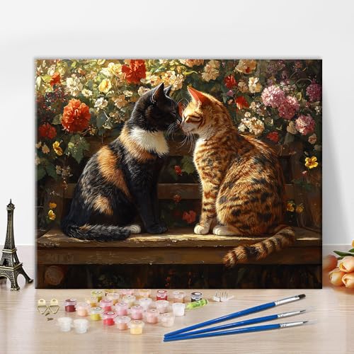 TUMOVO Cats DIY Paint by Numbers Kit for Adults | cute kitten 16x20 inch unframed canvas kit with paints and brushes, mindful art activity for a weekend creative project - color: Cats