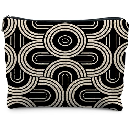 Abstract Beige and Black Makeup Bag, Modern Minimalist Art Deco Cosmetic Bags for Women, Mid Century Modern Zipper Makeup Pouch - color: Black and white lines - 3