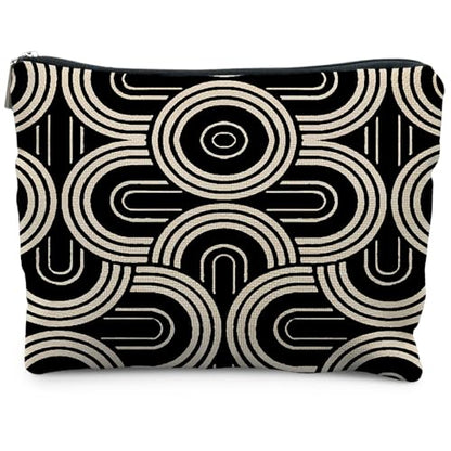 Abstract Beige and Black Makeup Bag, Modern Minimalist Art Deco Cosmetic Bags for Women, Mid Century Modern Zipper Makeup Pouch - color: Black and white lines - 3