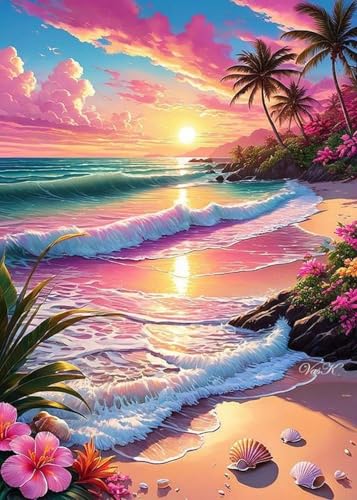ZeeLionArt Diamond Art Kit, Full Square Drill Sunset Beach Flower 12x16Inch | 5D DIY Diamond Painting Kits for Adults & Beginners, Home Wall Decor, Ideal Holiday Gift - color: DP04192