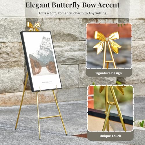 53”H Metal Gold Easel Stand for Sign Heavy Duty with Bow Top | Large Adjustable Display Standing for Wedding Displaying Pictures Poster Holder Showcasing - color: Golden bow top