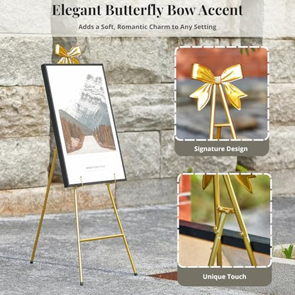 53”H Metal Gold Easel Stand for Sign Heavy Duty with Bow Top | Large Adjustable Display Standing for Wedding Displaying Pictures Poster Holder Showcasing - color: Golden bow top