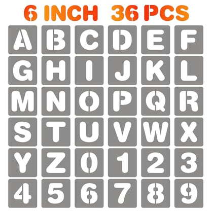 BAMIDELE 6 Inch Letter and Number Stencils, 36 Pcs Reusable Plastic Alphabet Spray Paint Stencils for Painting on Wood, Wall, Fabric, Rock, Chalkboard, Door Porch, Signage, DIY Craft Decoration - size: 6 Inch