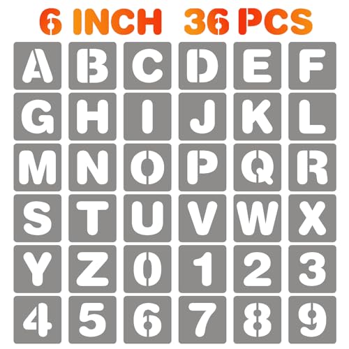 BAMIDELE 6 Inch Letter and Number Stencils, 36 Pcs Reusable Plastic Alphabet Spray Paint Stencils for Painting on Wood, Wall, Fabric, Rock, Chalkboard, Door Porch, Signage, DIY Craft Decoration - size: 6 Inch