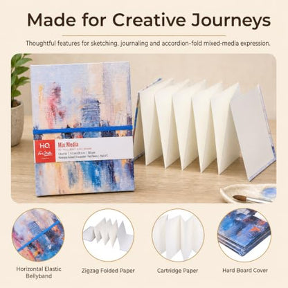 HQ Finestroke Accordion Sketchbook Mixed Media Journal 6x8 Pack of 3 | 9 connected panels unfold into one continuous drawing surface