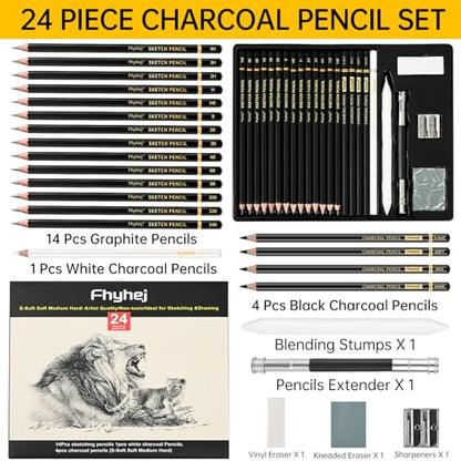 Sketch Drawing Pencil Set, 24 Pcs, Graphite Pencils (14B-4H) | Art Pencil Kit with Black and White Charcoal Pencils, Charcoal Sticks, Stumps, Eraser, Sharpeners, Sketch Set for Artists