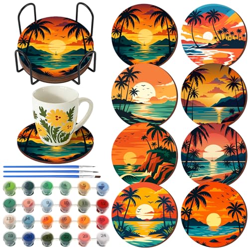 Reallnaive 8 Pcs Beach Paint by Numbers Kit for Adults Coastal Coasters | Mini Paint by Numbers, Tiny Palm Trees Sunset Round Oil Painting Drink Coaster with Holder, for Small DIY Craft Birthday Gift - style: Beach