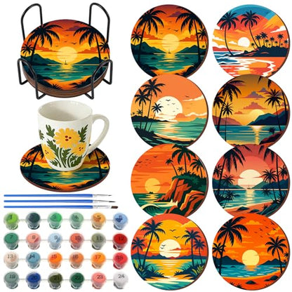 Reallnaive 8 Pcs Beach Paint by Numbers Kit for Adults Coastal Coasters | Mini Paint by Numbers, Tiny Palm Trees Sunset Round Oil Painting Drink Coaster with Holder, for Small DIY Craft Birthday Gift - style: Beach