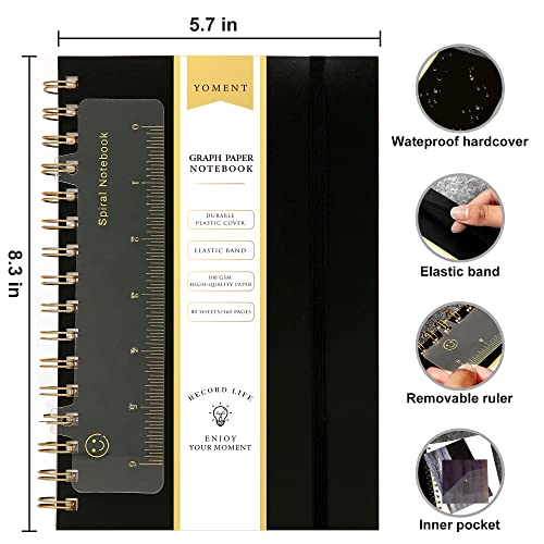 Yoment Graph Paper Spiral Notebook A5 Graphing Notebook 160 Pages | Graph Paper Notebook Spiral Bound Waterproof Plastic Hardcover Spiral Journal 5x7 Grid Notebooks for Note Taking, Black - color: Black, style: A - Graph - A5