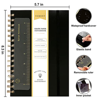 Yoment Graph Paper Spiral Notebook A5 Graphing Notebook 160 Pages | Graph Paper Notebook Spiral Bound Waterproof Plastic Hardcover Spiral Journal 5x7 Grid Notebooks for Note Taking, Black - color: Black, style: A - Graph - A5