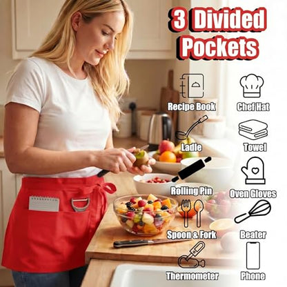 TOSHE Waist Apron 3 Pockets Waterdrop Resistant Cotton Server,Chef,Waitress - color: Red