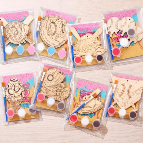 Saypacck 24 Pcs Ice Cream Drip Baseball Party Favors Wooden Paint Craft Kit | Birthday Party Supplies with Paint Brushes, Wooden Craft for Goodie Bag Fillers, Thank You Gifts with Organza Bags - style: Ice Cream Drip Baseball