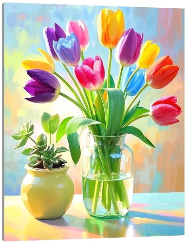 TINDAY Paint by Numbers Kit for Adults Paint by Number for Adults Beginner Tulip Painting by Number for Adult Flower on Canvas Acrylic Painting Wall Decor 16x20 in - color: Tulip