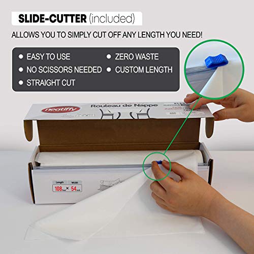 Neatiffy Disposable Plastic Table Cloth Roll | 54 in x 108 Ft Waterproof Tablecloth | Table Cover for Rectangle, Square, Round Oval Tables | Picnic, Party, Banquet, Birthdays, Weddings - White - color: White