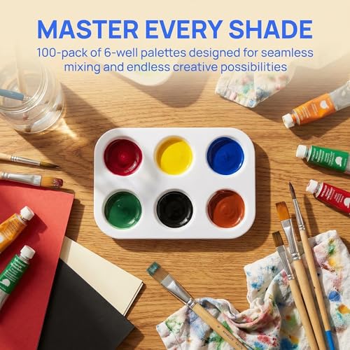 Cedilis 100 Pack White Art Paint Tray Palette, Rectangular Plastic Paint Tray for Kids, Adult, Student Watercolor Craft DIY Art Painting, 6 Wells, Easy to Clean
