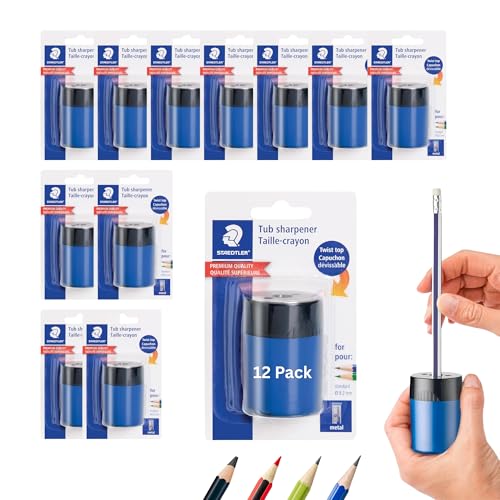 Staedtler Small Pencil Sharpener with Lid (12 Pack) | premium quality sharpener with screw-on lid, compact size for pencil case and work-station, 511 63BK - size: 12 Pack