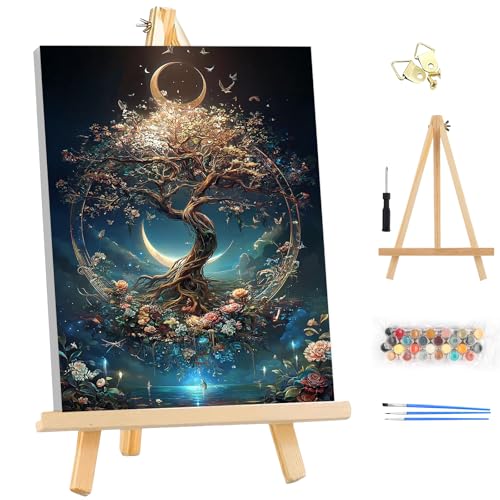 EOBROMD Framed Paint by Numbers Kits for Adults - Wooden Easel, Tree of Life DIY Acrylic Paint by Number on Stretched Canvas, Painting Kits Adults Oil by Numbers for Home Decor 10x14 Inch - color: LG029