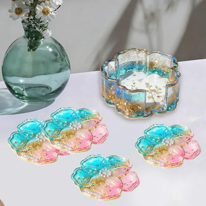 Panamalar Silicone Coaster Resin Molds, 5PCS Flower Coaster Molds with Holder Mold for Epoxy Resin, Coaster Tray Resin Casting Molds for DIY Art Craft Home Decoration Table Wine Cup Mat