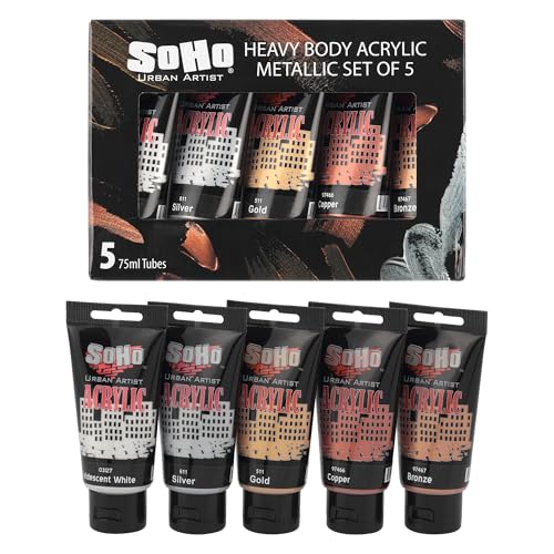 Soho Urban Artist Heavy Body Acrylic Paint - Set of 5-75mL - Metallic - Thick, Rich Color, Excellent Coverage, Professional Quality - Artists Acrylic Paint
