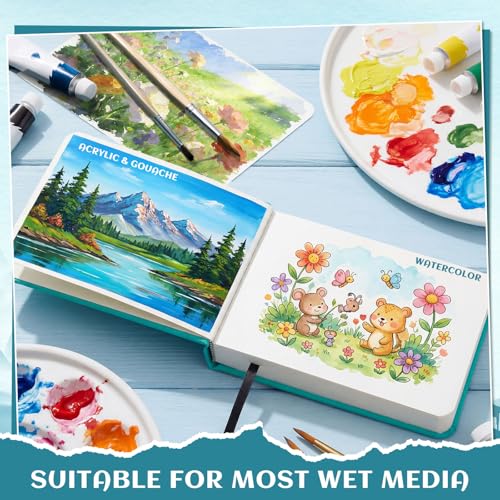 40 Sheets Watercolor Journal, 4x6 in, 140 Lb Cold Press Paper, Blue | Cotton Paper, 300 Gsm, Wirebound with Tear-Out Pages, Elastic Closure, for Watercolor, Sketching & Mixed Media - color: Turquoise