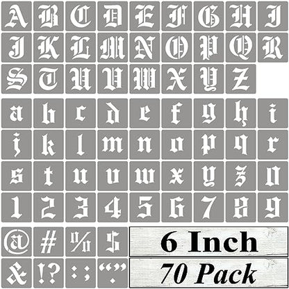 6 Inch Alphabet Letter Stencils for Painting - 70 Pack Old English Letter Stencil Templates with Numbers and Signs for Painting on Wood, Reusable Letters Stencils for Chalkboard Wood Signs & Wall Art - size: 6 Inch