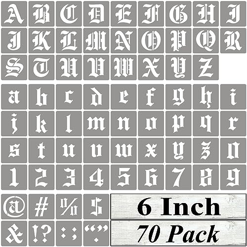 6 Inch Alphabet Letter Stencils for Painting - 70 Pack Old English Letter Stencil Templates with Numbers and Signs for Painting on Wood, Reusable Letters Stencils for Chalkboard Wood Signs & Wall Art - size: 6 Inch