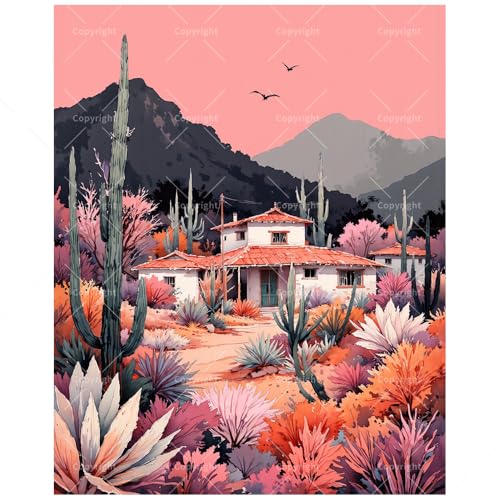Desert Oasis Paint by Numbers Kit for Adults - DIY Southwestern Cactus House Painting on Canvas, Acrylic Paint Set, Suitable for Beginners, Art for Home Decoration or Gifts(16X20IN Framed) - color: HSX00155, size: 16X20IN Framed