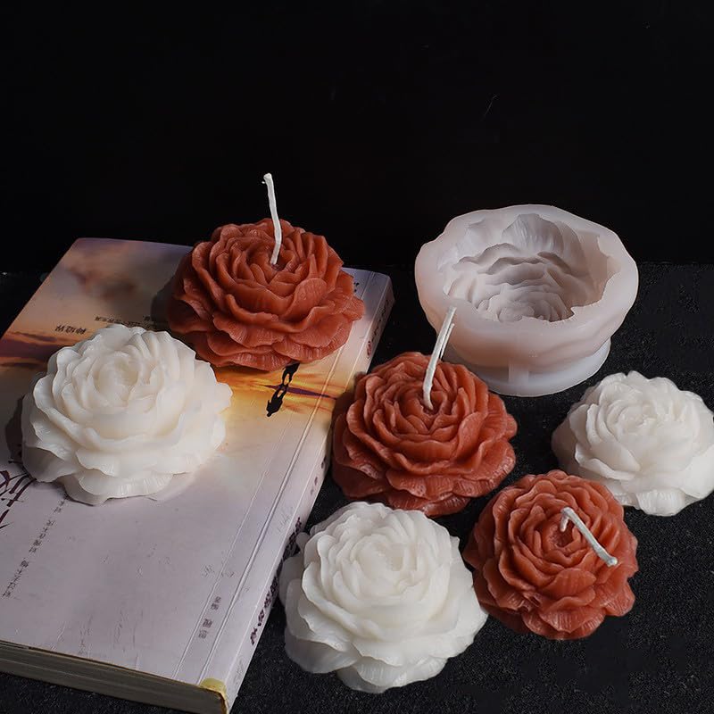 3 Pack Peony Silicone Candle Mold Flower Mold Resin Casting Molds with Large-Eye Wicking Needle,Candlewick for DIY Scented Candle, Soy Wax, Cake, Soap,Craft Making - color: 3PCS-Peony