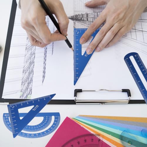 HARFINGTON 4pcs Triangular Ruler Set 15cm/6" Aluminum Alloy Straight Geometric Protractor Triangle Engineering Scale Drafting Ruler Kit Measuring Drawing Tool for Classroom Office Home, Blue - color: Blue
