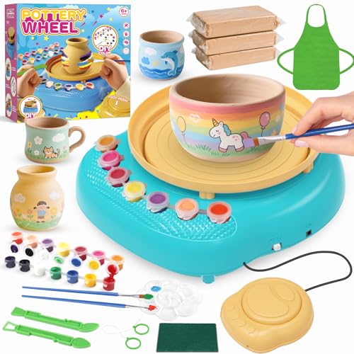Pottery Wheel for Kids, Complete Kit with Air-Dry Clay, Ages 8-12 | Beginner pottery kit with air-dry clay, 12 paints, clay tools and apron - no kiln needed, screen-free craft gift ages 8-12 - color: Blue