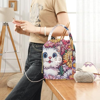 Cute Chrysanthemum Cats Butterflies Yarn Bag Small Crochet Bag Drawstring Yarn Storage Organizer Knitting Project Bags Potable Yarn Holder with Holes Handle Crocheting Needles Knitting Access - color: Cute Chrysanthemum Cats Butterflies