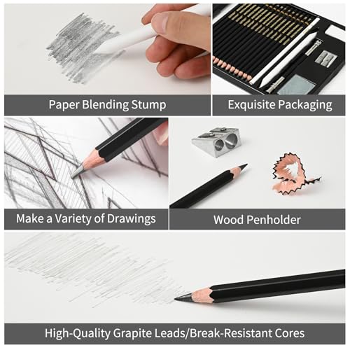 21pc Drawing Sketching Pencil Set Graphite 14B-5H & Charcoal Pencils