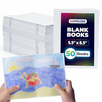 Hygloss Blank Books - Bulk 50 Pack – 5.5" x 8.5" A5 White Paperback Blank Book for Kids to Write Stories, Doodle, Arts & Crafts – Plain Drawing Sketchbook, Unlined Journal, Notebook Without Lines - color: White, style: 50 Books
