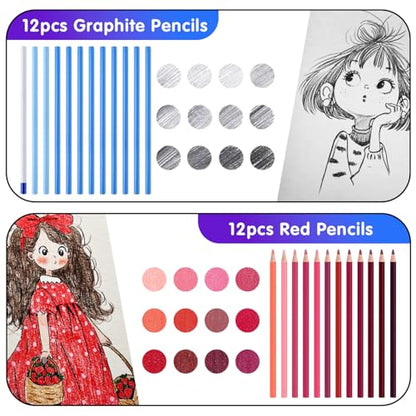 Professional Drawing Set,12 Colored Pencils,12 Graphite Pencils,Eraser,Case - color: Set-Red
