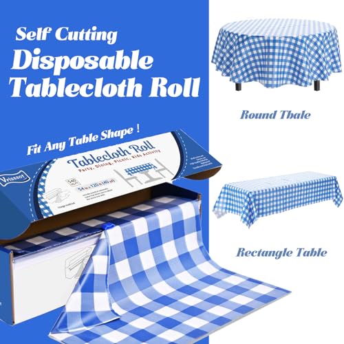 Disposable Blue & White Checkered Plastic Table Cover Roll 54in X 240ft - Heavy Duty Waterproof Tablecloth with Easy Slide Cutter for Parties, Picnics & Barbecues - color: Blue Checkered, size: 2880" x 54" (Rectangular)
