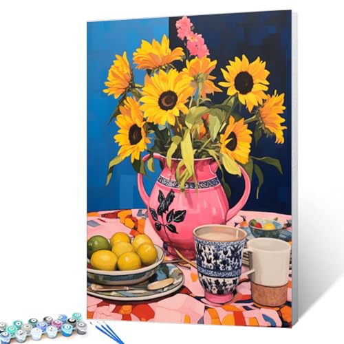 Tucocoo Bright Pink Vase Pot DIY Paint by Numbers for Adults Sunflowers Cherry Blossoms DIY Oil Painting Acrylic Paint Art Painting Kits Canvas with Acrylic Paint 16x20 Inch（DIY Frame ） - color: Floral Vase 06, size: 16''x20''(DIY Frame)