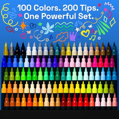 ARTISTRO 100 Acrylic Dual-Tip Glass Marker Pens for Wine Glasses | Brush + Fine Tips Vibrant Dual Tip Paint Pens for Party Charms, DIY, Craft - Art and Craft Supplies for Adults, Teens, Kids
