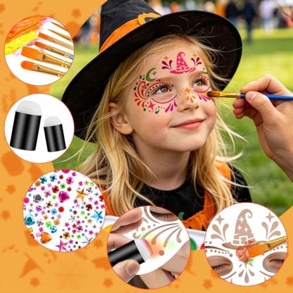 58PCS Halloween Face Paint Stencils Kit Includes 36 Reusable Facial Painting Stencils, 6 Sheets Tattoo Templates Stickers, 10 Brushes, 2 Pack Adhesive Gems, 4 Sponge for Halloween Party Makeup - color: Halloween