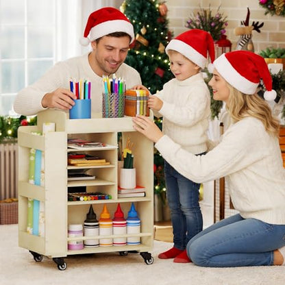 Art Cart Rolling Wood, Arts and Crafts Supply Organizer with Bookshelf | Multi-Functional Art Organizer Cabinet, Diy Utility Cart Small Art Supply Storage for Classroom Kindergartens Office Bedroom