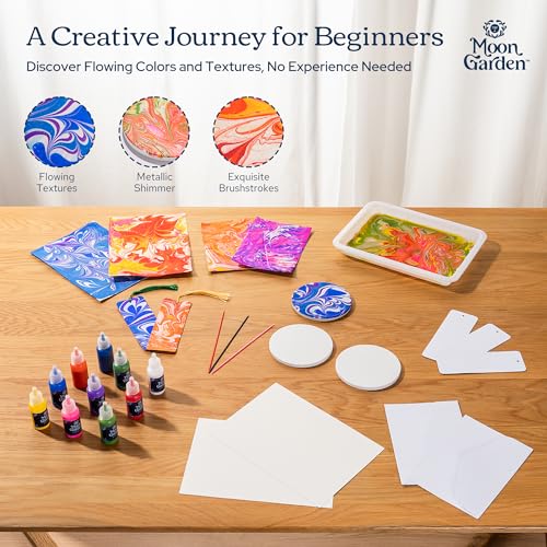 MoonGarden Marble Painting Coaster kit - Marble Painting Kit for Adults - 12 Color Paints, Ceramic Coasters, Bookmark Paper and Cardstock Paper - Relaxing and Creative DIY Activity