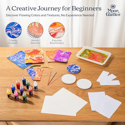 MoonGarden Marble Painting Coaster kit - Marble Painting Kit for Adults - 12 Color Paints, Ceramic Coasters, Bookmark Paper and Cardstock Paper - Relaxing and Creative DIY Activity