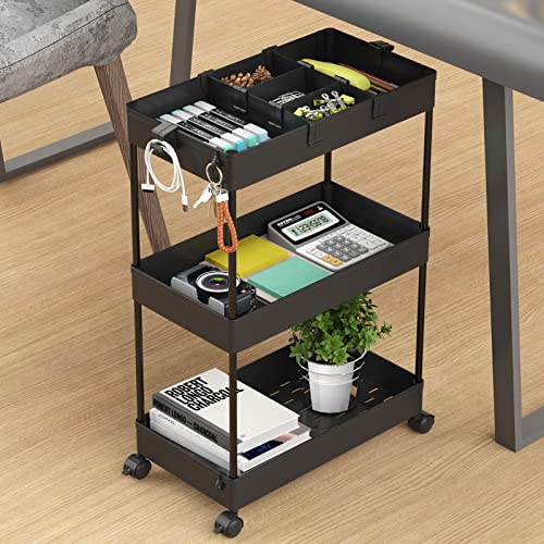 SPACELEAD 3 Tier Rolling Cart with Wheels, Storage Craft Art Trolley Organizer Serving, 3 Hanging Baskets Easy Assembly, for Office, Bathroom，Living Room, Kitchen, Black - color: Black