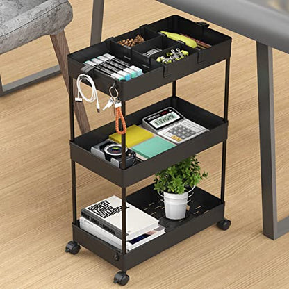 SPACELEAD 3 Tier Rolling Cart with Wheels, Storage Craft Art Trolley Organizer Serving, 3 Hanging Baskets Easy Assembly, for Office, Bathroom，Living Room, Kitchen, Black - color: Black