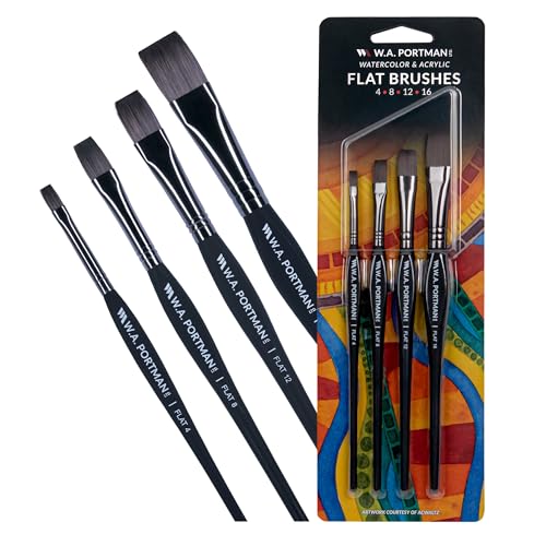 WA Portman Flat Paint Brushes 4pc Set, Brushes for Acrylic & Oil Painting | Flat Paint Brush Set (4, 8, 12, 16) for Acrylic Painting Art Hobby with Triangular Grip, Premium Taklon Synthetic Bristles - color: Flat